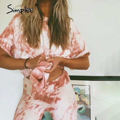 Simplee Casual outfits womens two piece suits Tie dye printing backsuits T-shirt suit Sports style bicycles shorts set 2020 NEW