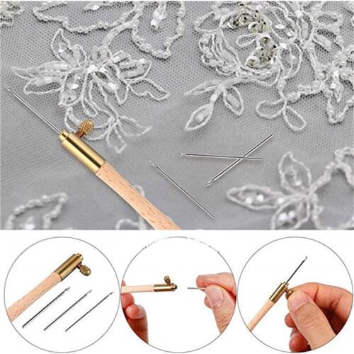 Tambour Hook with 3 Needle Embroidery Beading Crochet Tool Kit Wooden Handle YE-Hot