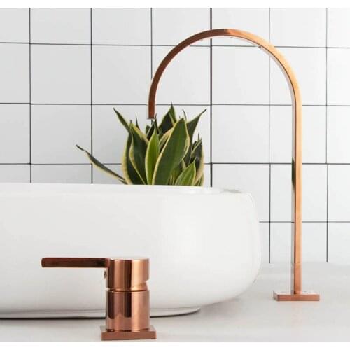 Rose Gold Brass Bathroom Basin Faucet Long Square Pipe Dual Hole Widespread Cold And Hot Water Mixer Tap Deck Mounted Rotatable