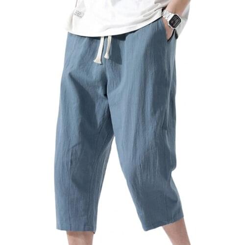 2021 Men Casual Pants Fashion Solid Color Elastic Waist Male Sweatpants Wide Leg Thin Men Capri Pants Sports Training Trousers