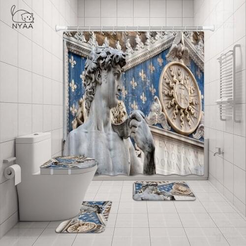 Sculpture Art Print Shower Curtain and Bath Rugs Set Modern Winged Victory Angels Statue Bath Curtains for Bathroom Home Decor