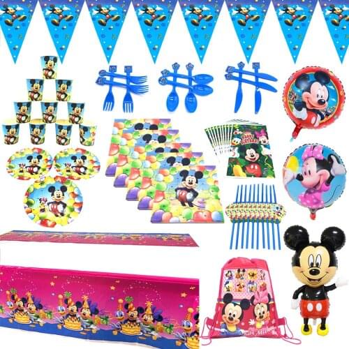 Disposable Tableware Set Party Supplies Mickey Mouse Party Theme Plates Hats Napkin Cup Minnie Mickey Mouse Party Decoration Set