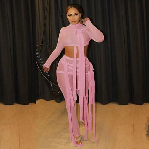 TNNAOFF New Popular Mesh Sheer Bandage 2 Piece Set for Women Long Sleeve T Shirt Fashion Casual Pants Lounge Wear Matching Sets