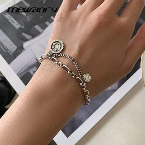 Mewanry 925 Sterling Silver Couples Bracelet New Trend Vintage Hip Hop Multi-Layer Chain Smiley Party Jewelry Birthday Gifts
