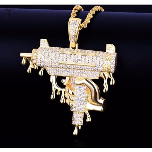 Hand Holding Dripping Gun Shape Pendant Necklace Gold Color Iced Out Cubic Zirconia Mens Hip Hop Rock Jewelry 5x5.7cm Colgante
