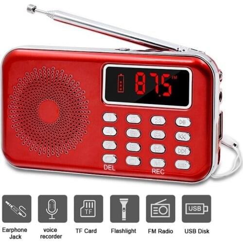 Portable Multiband Mini Radio FM Stereo Receiver Speaker Recorder MP3 Player Support TF SD Card USB AUX LED Display Flashlight