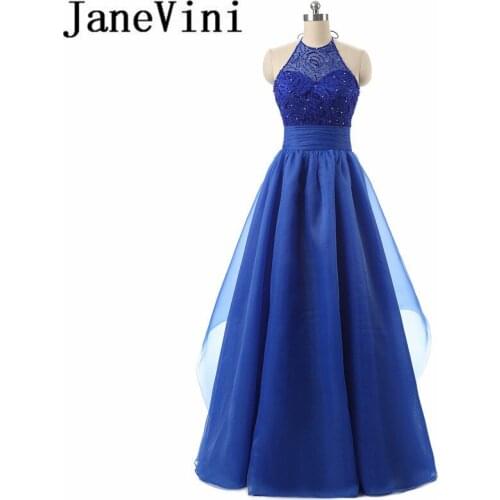 JaneVini Sexy Royal Blue Beads Crystal Long Bridesmaid Dresses Halter A Line Organza Special Occasion Prom Party Gowns Plus Size