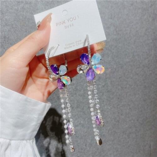 New Exaggerated Elegant Flower Crystal Long Pearl Tassel Drop Earrings For Women Girls Brincos Party Jewelry