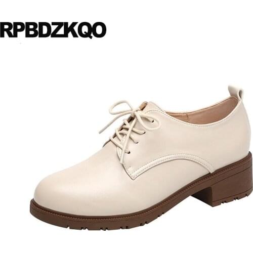 Chunky Beige Lace Up Thick Size 4 34 Footwear 2021 Block Fashion Medium Heels Casual Shoes Women Black Pumps Fur Cheap Round Toe