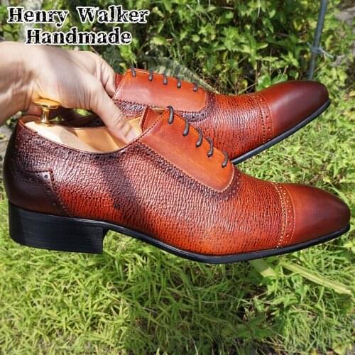 Luxury Designer Men Oxford Shoes Lace up Pointed Cap Toe Brown Black Mens Dress Shoes Crocodile Prints Genuine Leather Shoes Men