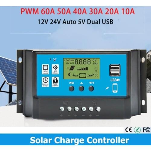 Anern Solar Controller 60A 50A 40A 30A 20A 10A Solar Regulator PWM Battery Charger LCD Display 12V 24V Auto PWM Controllers