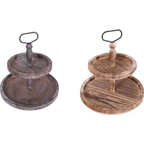 Vintage Wood Two Tiered Tray with Round Metal Handle,Easy to Assemble 2 Tier Home Decor for Tiered Cake Presentation