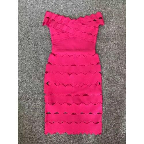 Women Summer New Red Sexy Off Shoulder Hollow Out Knee Length Bandage Dress 2021 Vintage Elegant Evening Party Dress