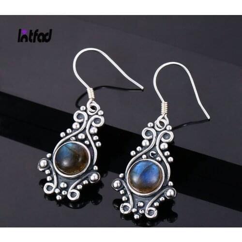 925 Sterling Silver Natural Labradorite Drop Earring Pendant Dangle Vintage Ethnic Style Ear Jewelry Gift for Women