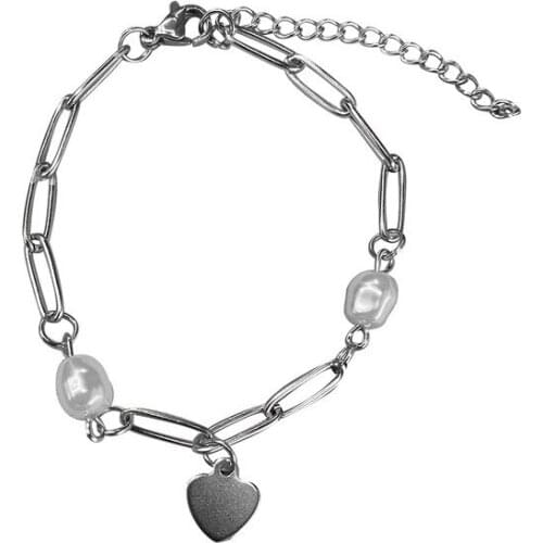 POTCET Womens Stainless Steel Pearl Love Titanium Steel Bracelet Geometric Fashion Retro Hip Hop Personality Party Jewelry