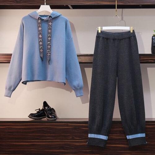 2 Piece Set Women 2020 Autumn Womens Long Sleeve Hoodies Tops and Knitted Pant Suits Tracksuit Sets Casual Female