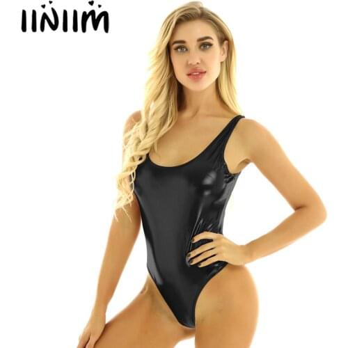 Iiniim Womens Ladies Sleeveless body latex Bodycon Clubwear Holographic High Cut Leather Leotard Bodysuit Gymnastics Dancewear