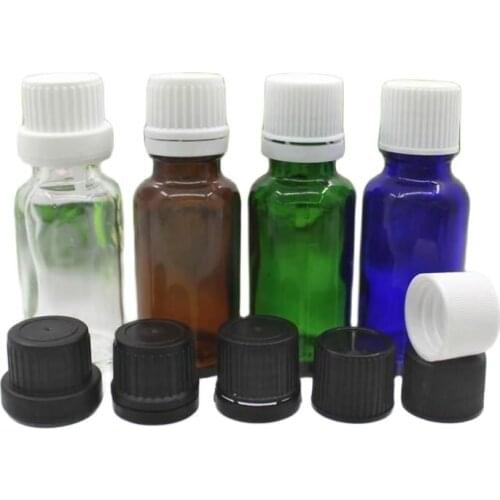 20ml 50pcs green/blue/brown/clear glass bottle plastic lid tamper evidence child proof essential oil liquid essence skin packing