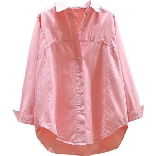 2021 Spring Summer Women Shirt Long Sleeves Loose Top Cotton Plus Size Single-Breasted Solid White Yellow Pink Blue Blouse KW500