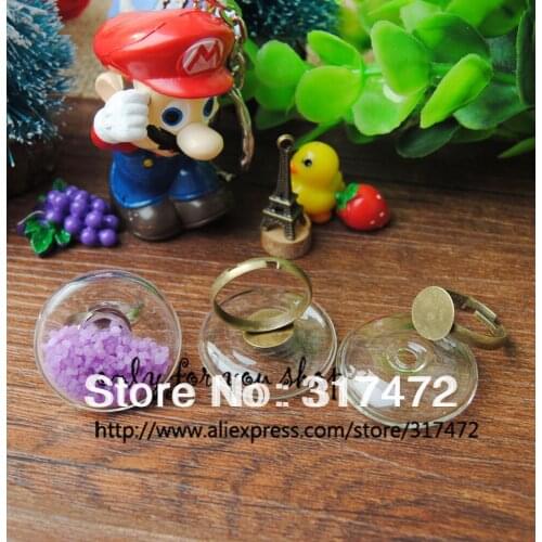 Free ship! 25MM Flat Round Glass Bubble& Adjustable Ring DIY Glass Vial pendant ring Glass Liquid Bubble Ring