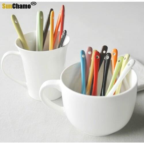 Colored Long Handle Ceramic Tableware Spoon Coffee Milk Mini Stirring Spoon Ice Cream Scoop Salt Sugar Small Spoon
