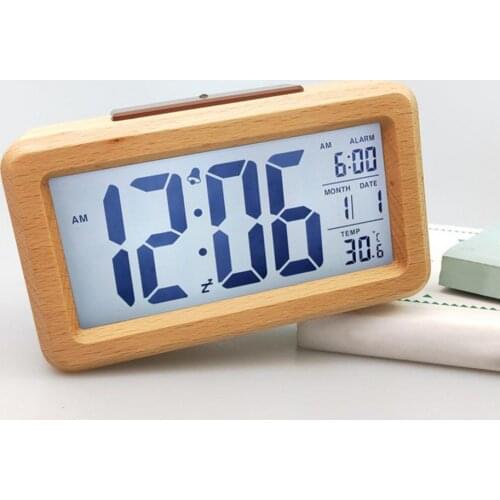 Wooden Digital Alarm Clock Electronic Temperature Clock Rectangle Desktop Decor Bamboo Shell Display Clock With LED backlight