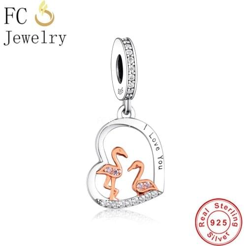 FC Jewelry Fit Original Charm Bracelet 925 Silver Mum And Baby Birds With Pink Feather In Heart Bead For Making Women Berloque