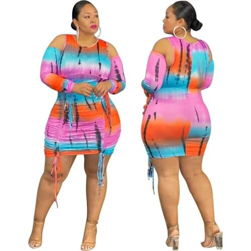 Gradient Color Printing Women Plus Size Party Dress 2021 Summer Charming Off-the Shoulder Shirring Lace-up Bodycon Mini Dresses