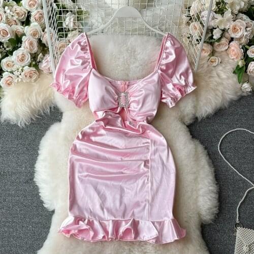 Summer Square Collar Diamond Button Hollow Waist Satin Dress V-neck Slim Slimming Ruffled Hip Mini Dresses