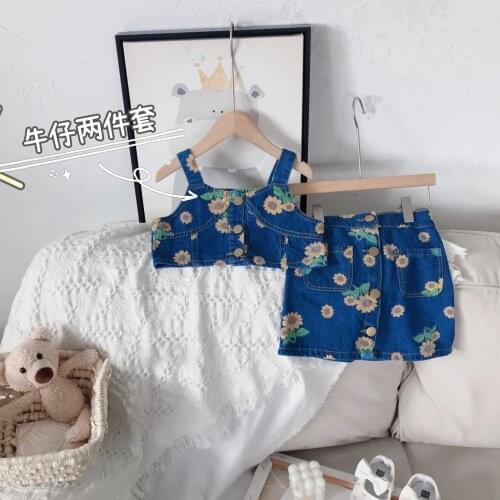 Summer Flower Print Girls Clothes Sets Fashion 2pcs Jeans Suit Baby Kids Clothes Children Clothing Set Including Vest+ Skirt