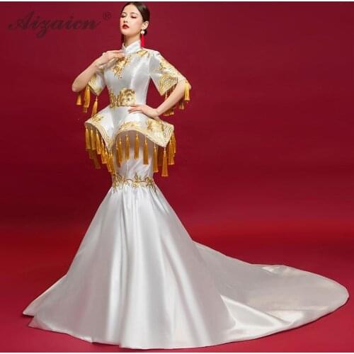 Fashion White Embroidery Tassel Mermaid Evening Dresses Long Trailing Vintage Style Wedding Dress Bridal Elegent Women Gown