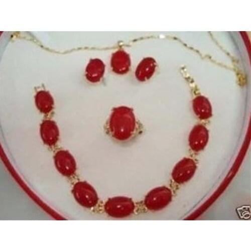 Set Red Jades Pendant Bracelet Earring Ring Sets