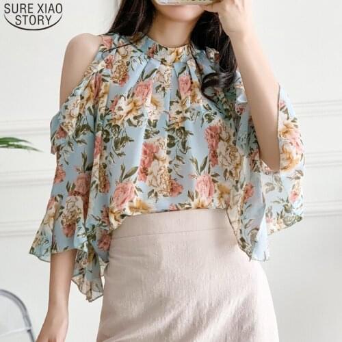 2021 New Summer Off-Shoulder Chiffon Shirt Women Pullover Floral Loose Blouse Women Short Sleeve Clothing Blusas Mujer 14370