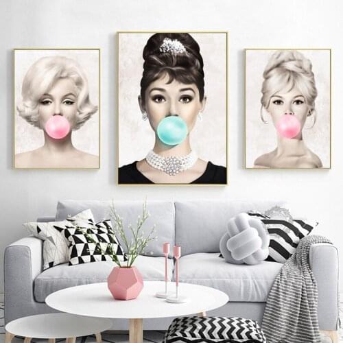 Wall Art Poster Audrey Hepburn Marilyn Monroe Blow Pink Bubbles Gum Prints Canvas Painting Women Art Wall Picture Home Decor