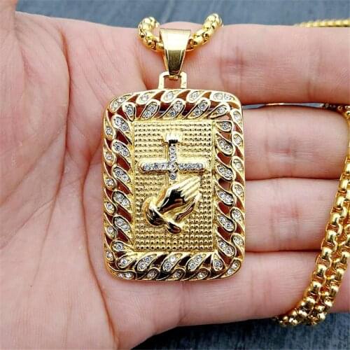 Religious Square Praying Hands Cross Pendant Necklace for Women/Men Gold Color Stainless Steel Christian Necklaces Male Jewelry