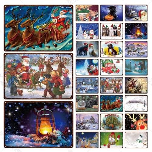 Happy Christmas Metal Tin Sign Cute Elk Cat Santa Elf Snowman and Christmas Tree Metal Poster for Bar Club Christmas Home Decor