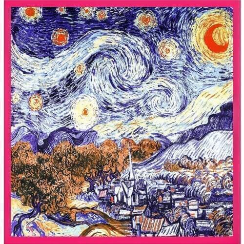 90cm2021 New Brand Shawl Twill Women Silk Scarf Oil painting starry sky Print Square Scarves Wraps Fashion Hijab Headband