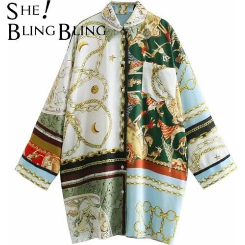 SheBlingBling Summer Single Breasted Female Long Blouses Border Print Long Sleeve Drop Shoulder Women Loose Shirt Casual Tops