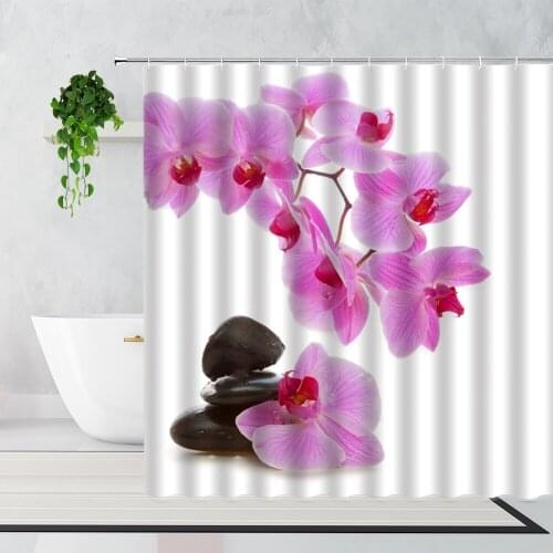 Spring Zen Stone Shower Curtains Orchid Flowers Shell Bathroom Decoration Waterproof Bath Curtain With Hooks Polyester Washable
