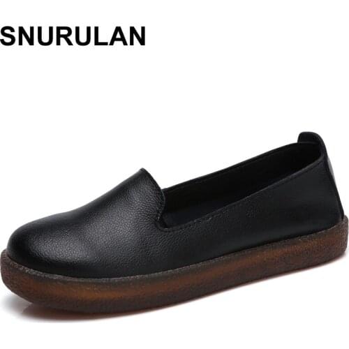 SNURULAN Women Flats Shoes Genuine Leather Slip-on Round Toe Muscle Sole Ladies casual Shoes Comfortable Soft Shoes Female Fall