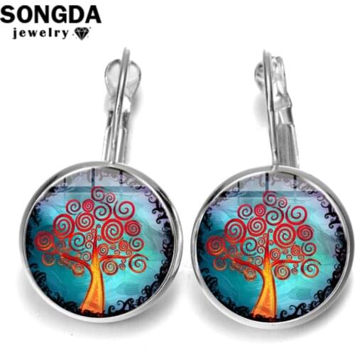 SONGDA Handmade Tree of Life French Hook Earrings Personality Life Tree Art Painting Glass Dome Drop Earrings Brand Fashion 2019
