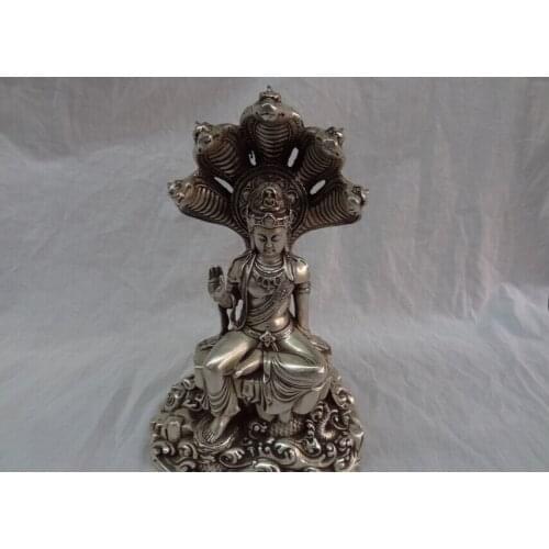 USPS to USA S1449 12" Tibet Buddhist Joss Silver 5 Snake Head Naga Kanya Shakyamuni Buddha Statue