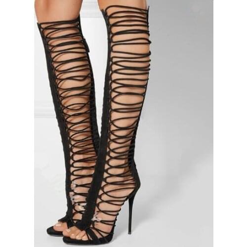 Gorgeous black open toe side lace up knee high summer sandal boots 2017 new back zipper hollow out gladiator sandal summer heels