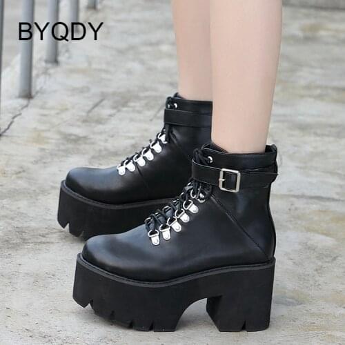 BYQDY Autumn Winter News Women Ankle Boots Black Gothic Round Toe Platform Female Short Boots Thick Heels Lace-Up Ladies Shoes