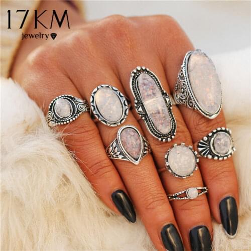 17KM New Design Vintage Opal Knuckle Rings Set For Women Boho Geometric Pattern Flower Rings Party Bohemian Jewelry 8 PCS/Set