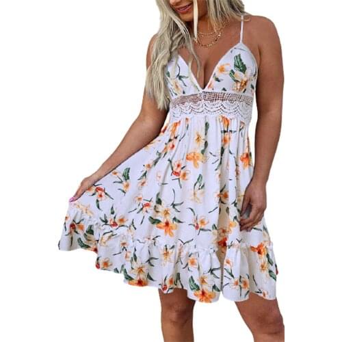 Lace Splicing Floral Open Back Spaghetti Strap Mini Dress Women Sexy Beach Summer Boho Dress