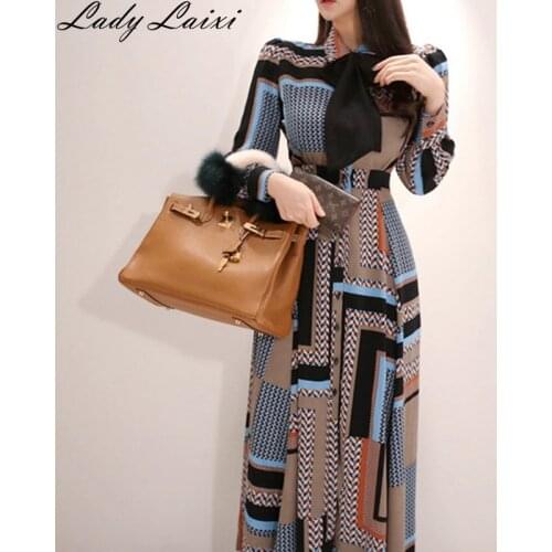 2019 Autumn NEW Maxi Shirt Dress Multicolor Geometric Print Korean Bow Single-breasted Long Sleeve fashion Lady Women Long Dress