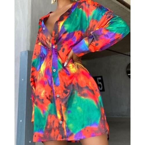 Tie Dye Long Sleeve Button Front Shirt Dress Women Casual Daily Mini Dress