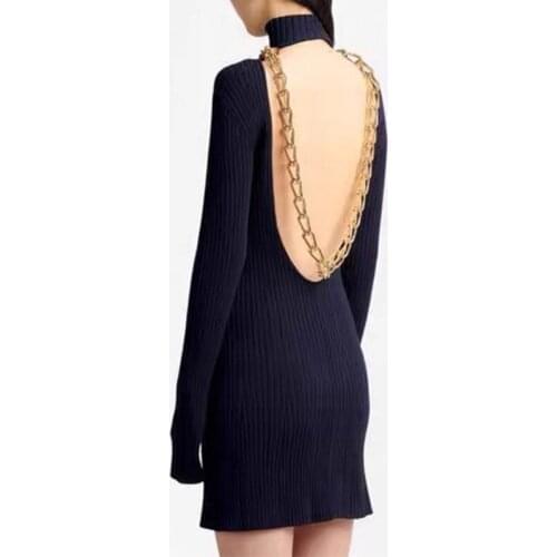 Free Shipping 2021 Winter New Designer Fashion Party Bodycon Dress Women Elegant High Collar Backless With Big Gold Chain