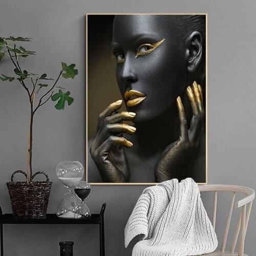 Gold and Black Modern Makeup Model African Woman Canvas Painting Fashion Girl Wall Art Poster Prints for Living Room Home Decor